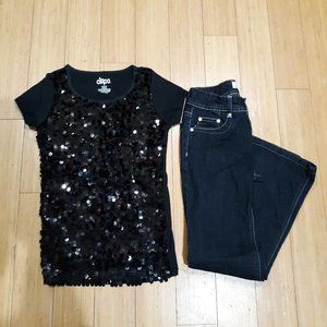 Girls black sequined top size M and Jeans size 8